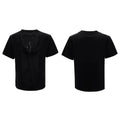 Black loose fit men's V-neck polyester T-shirt with short sleeves and tassel detailing