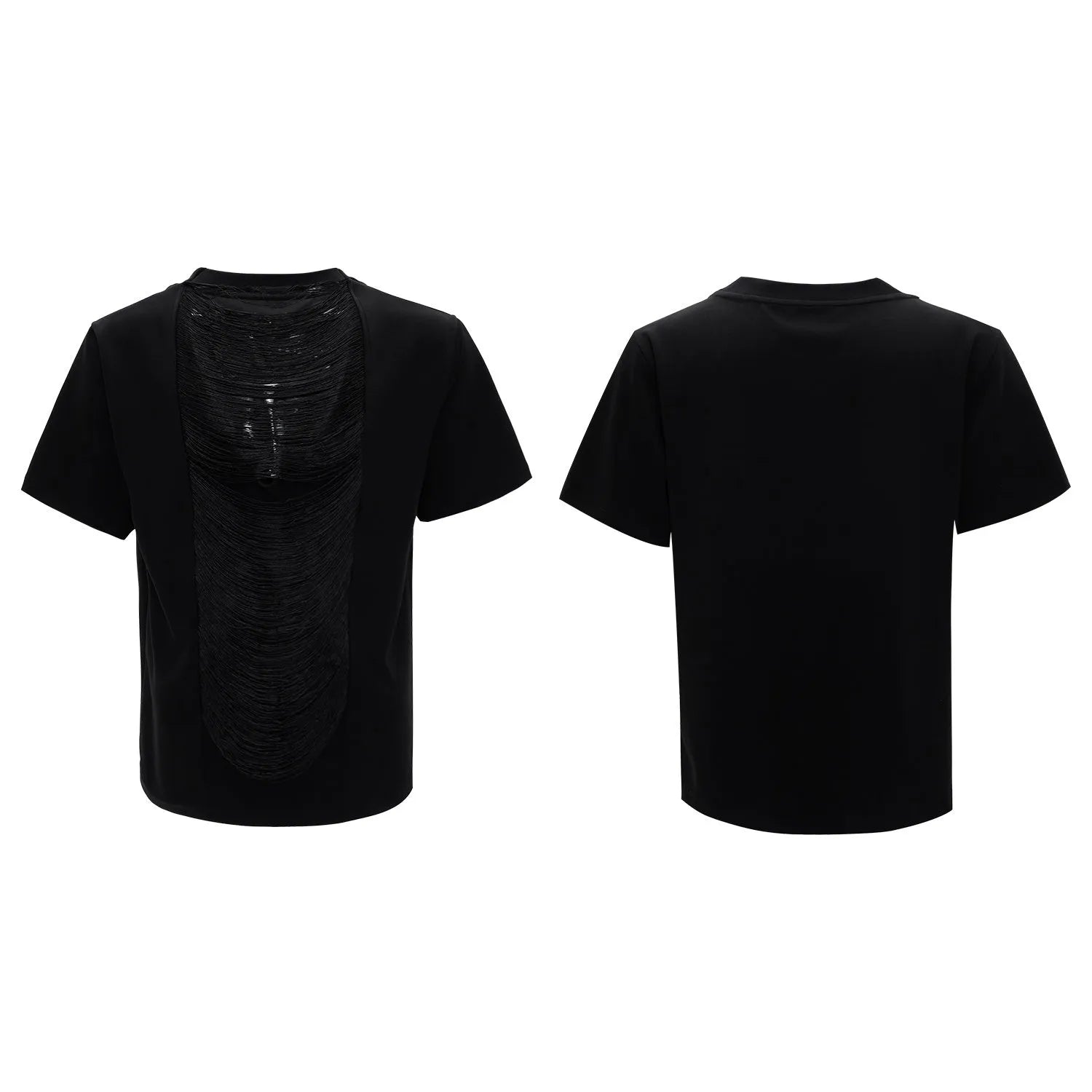 Black loose fit men's V-neck polyester T-shirt with short sleeves and tassel detailing