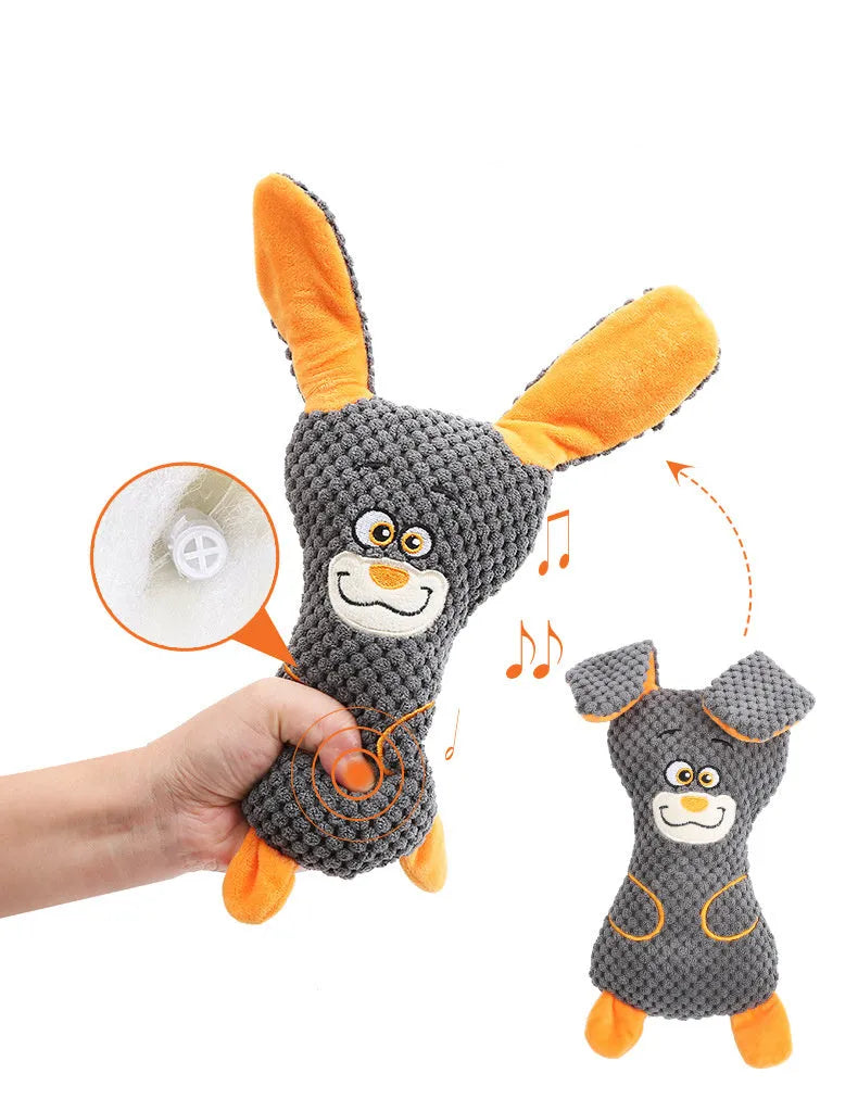 Assorted dog plush bite toys in blue, green, orange with cute animal shapes and squeaker