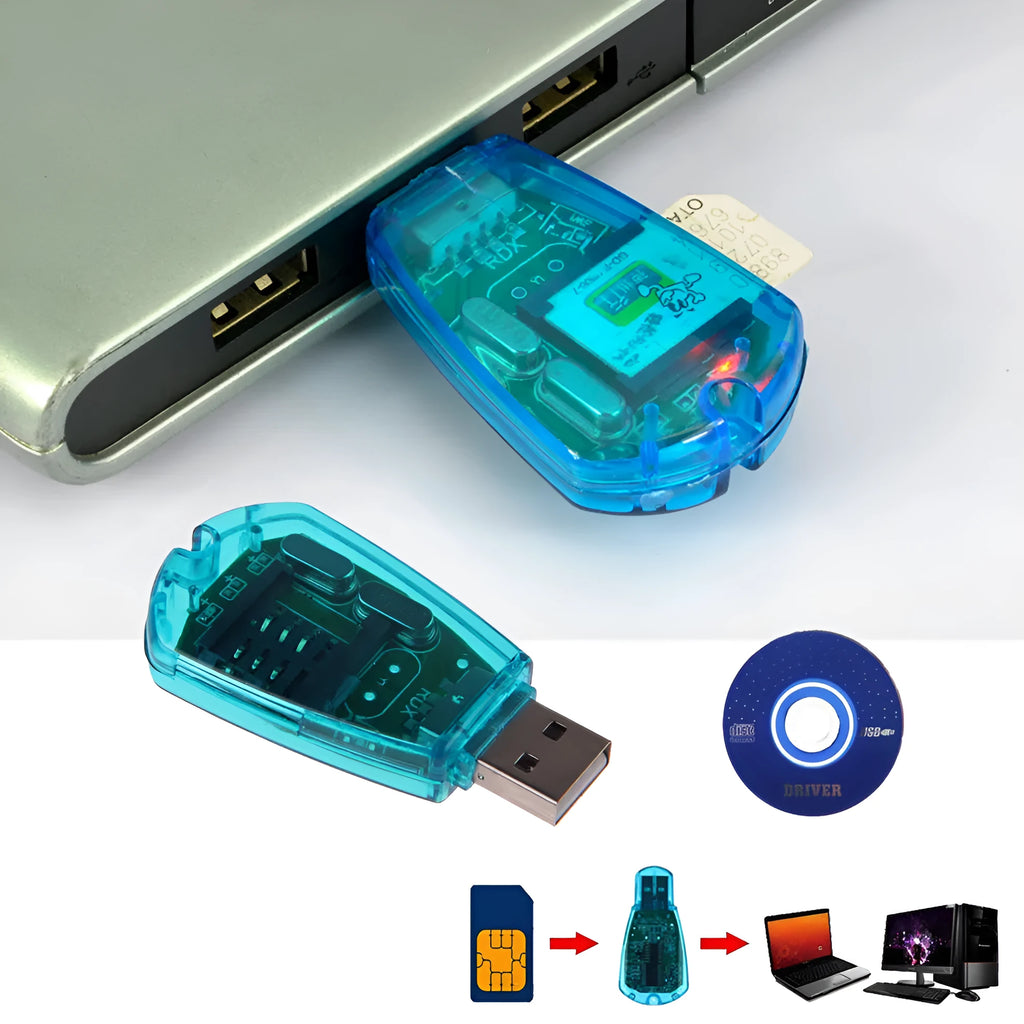 Blue external USB SIM card reader for mobile phone data backup and management