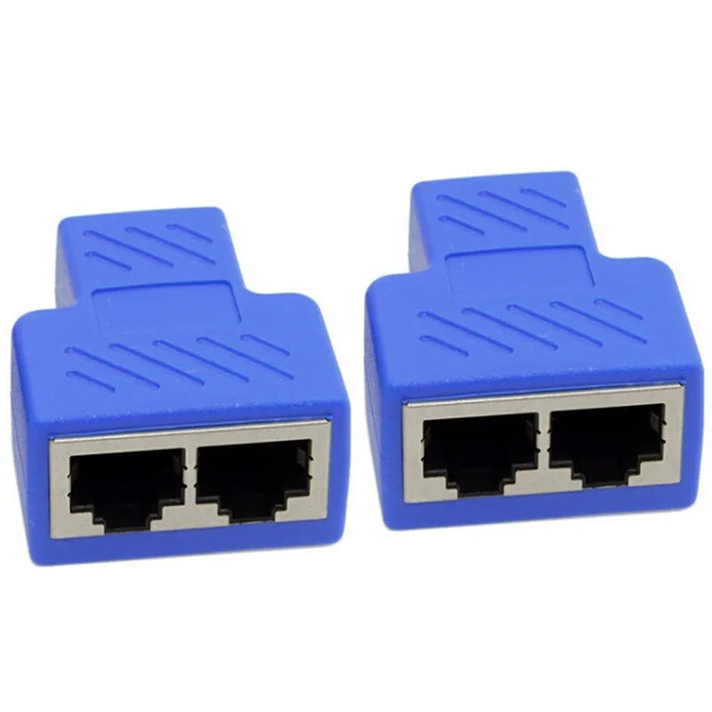 White RJ45 network cable splitter showing one male plug and two female Ethernet ports.