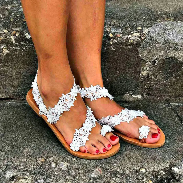 White rhinestone floral plus-size women's flat shoes with low back slip-on design