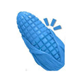 Blue corn-shaped dog chew toy with textured surface and grooves for medium to large breed dogs