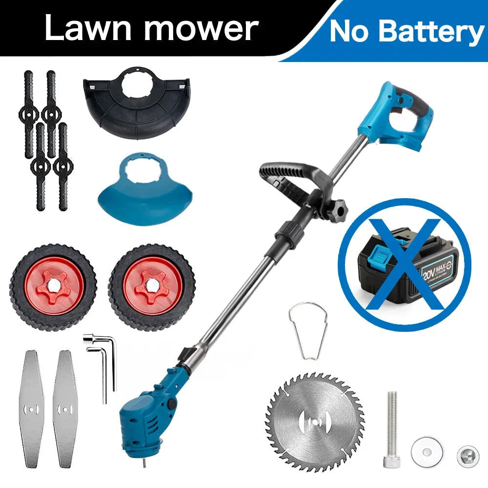 Folding electric lawn mower with telescopic handle and three interchangeable blades on green background