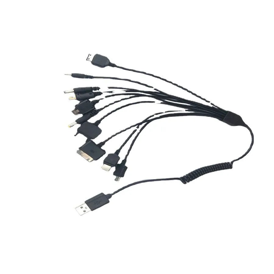 White PVC multi-function charging cable with spring drag design and multiple connectors