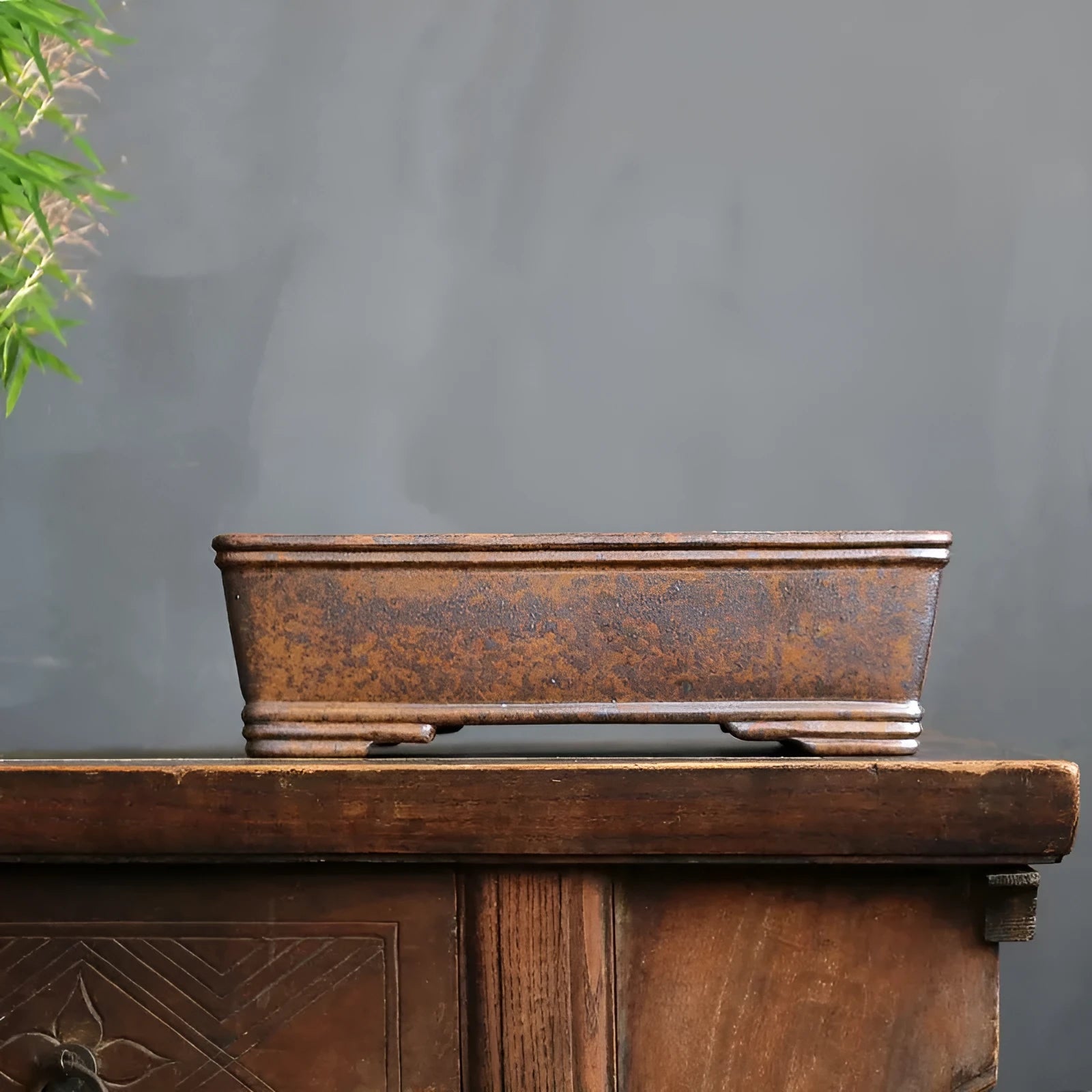 Large rectangular purple sand bonsai pot with five-line basin design and firewood burning texture.