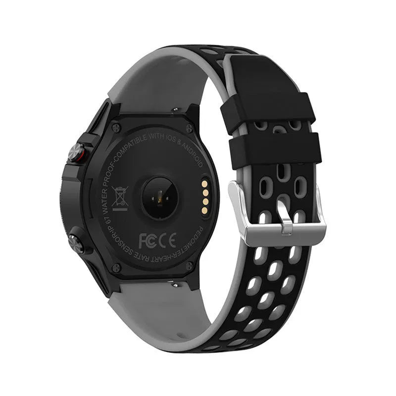 Sports smart watch with black silicone strap showing 1.3 inch display with step counting interface