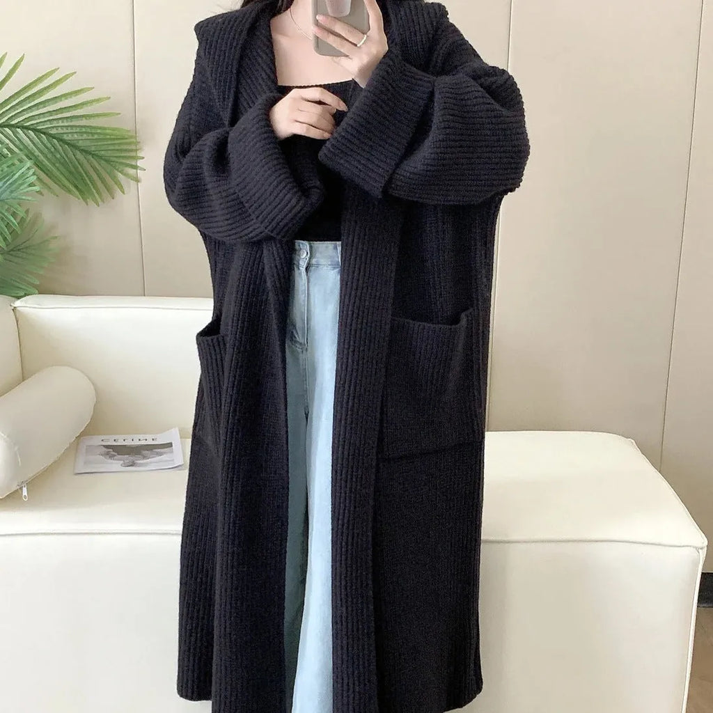 Women's loose hooded sweatshirt cardigan in acrylic fabric with 80cm length and raglan sleeves