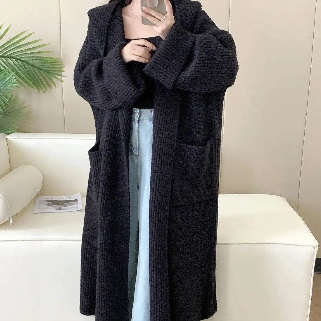 Women's loose hooded sweatshirt cardigan in acrylic fabric with 80cm length and raglan sleeves