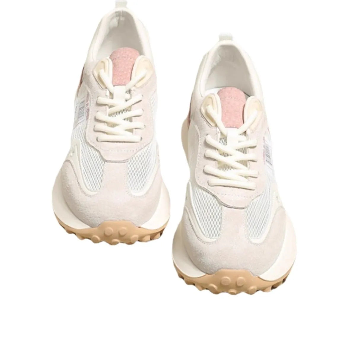 Women's grey and pink retro sneaker with low-top design and rubber sole