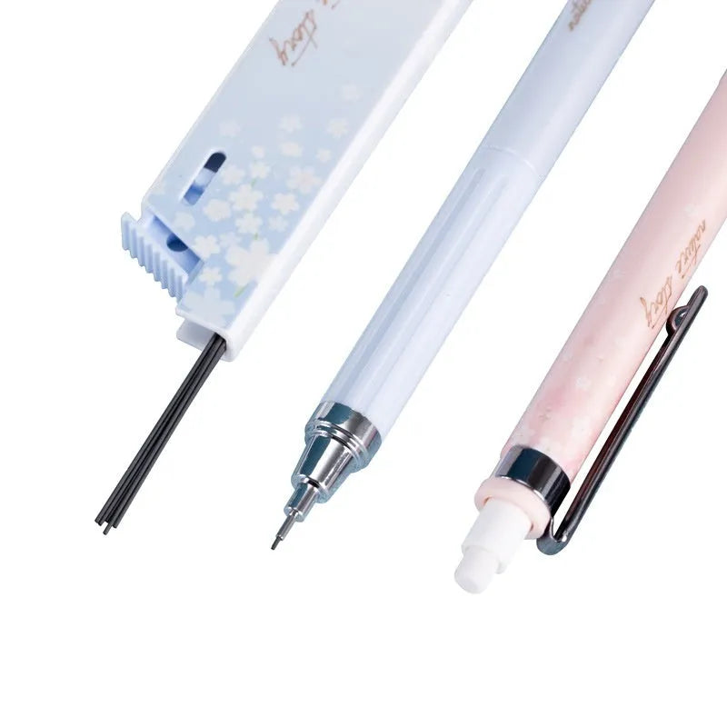 Mixed colour 0.5mm cartoon propelling pencils and HB refill boxes set on a white surface.