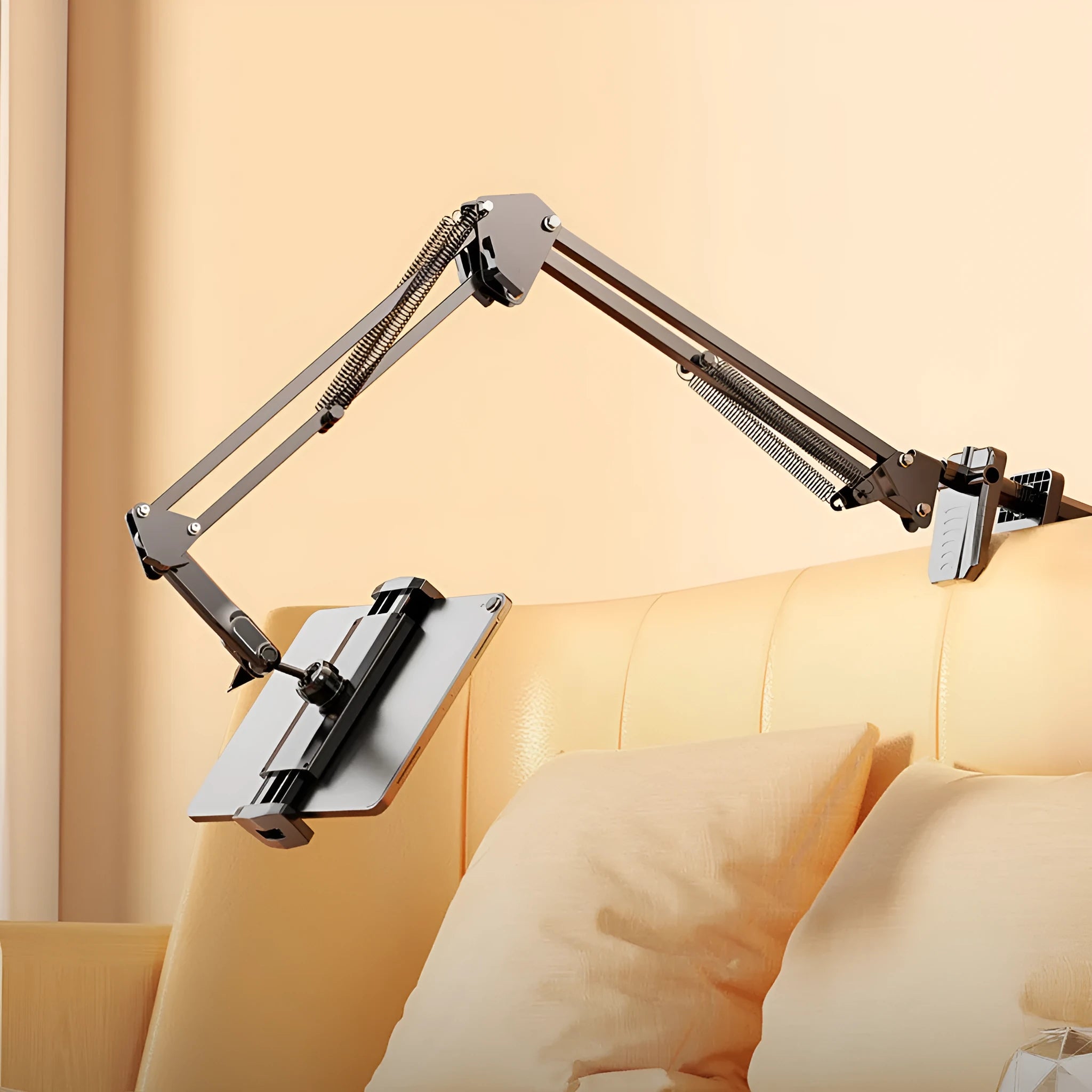 Universal alloy lazy bracket holding a mobile phone on a bedside table
