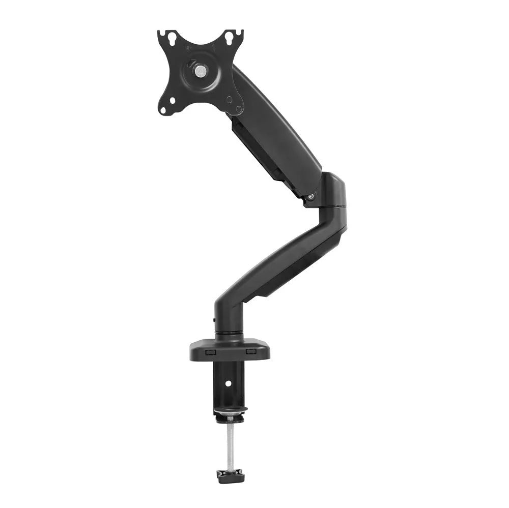 Black rotating telescopic LCD monitor bracket on a desk, showing adjustable height and swivel functions.