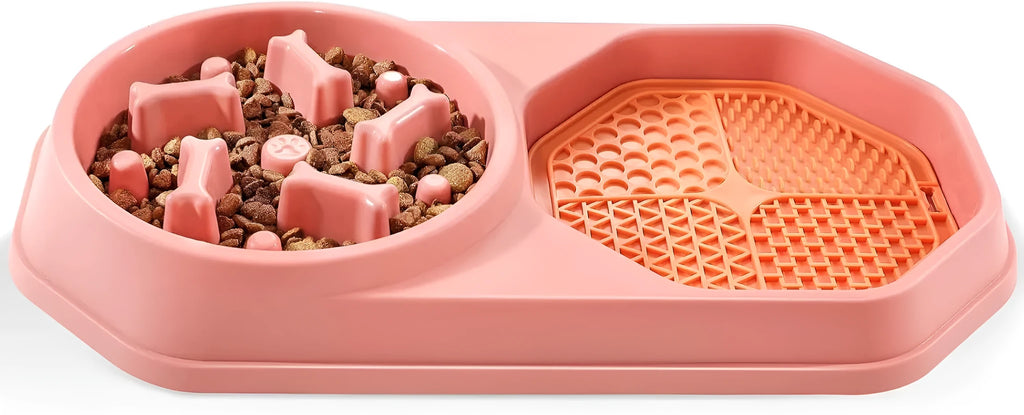 Blue slow feeder dog bowl with raised puzzle maze pattern and non-slip pads, shown from above.