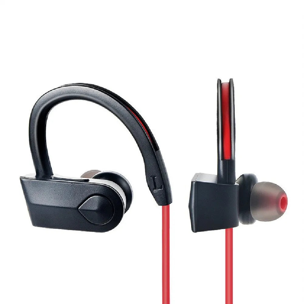 Wireless neck-mounted Bluetooth earphones in black, blue or red colours showing neckband and earpieces