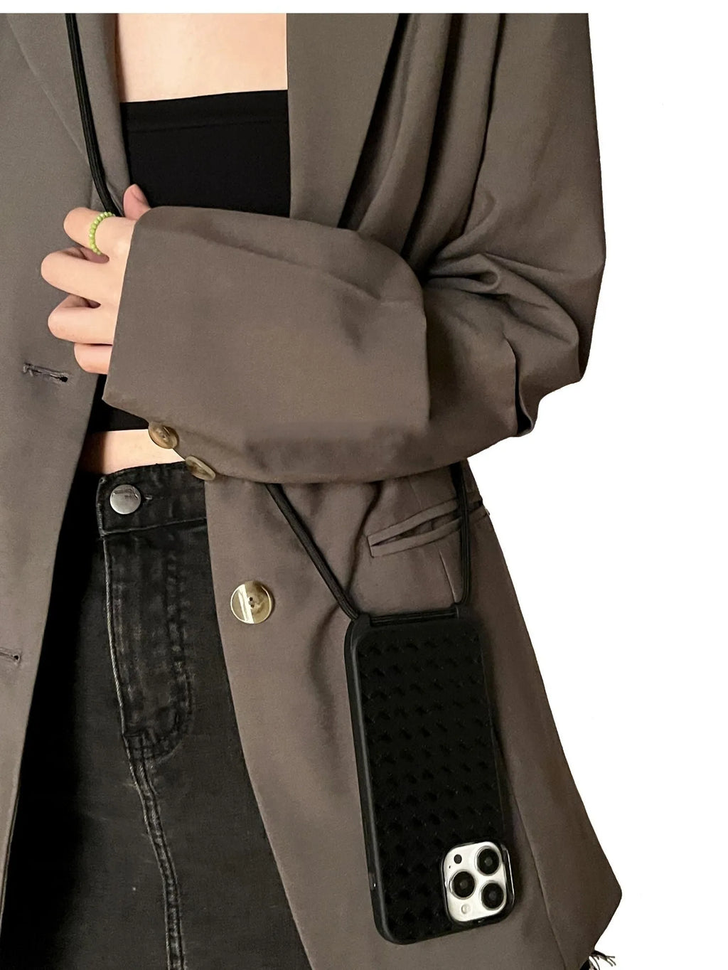 Black imitation leather woven pattern cross-body lanyard phone case for iPhone 14 13 12 series