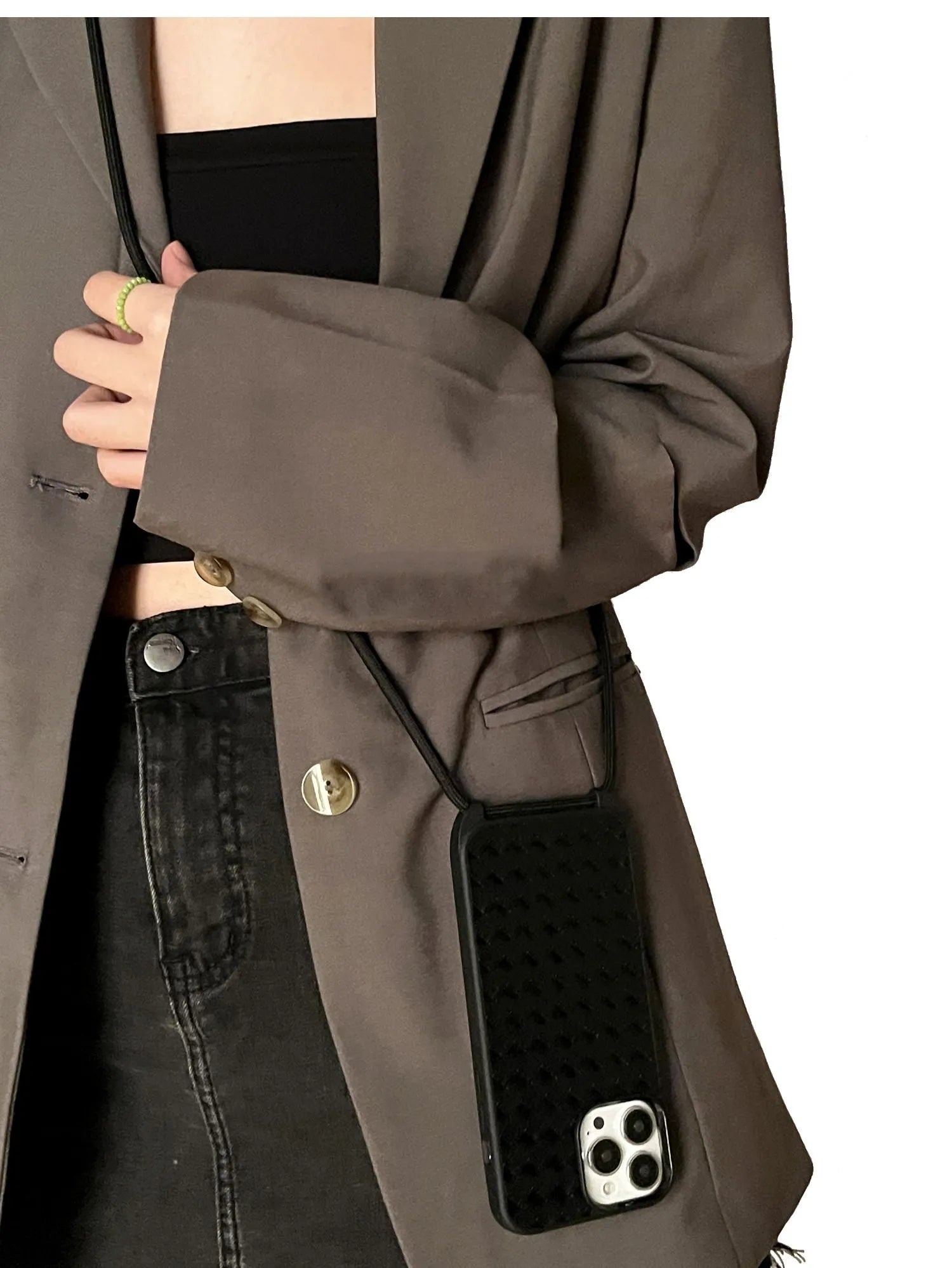 Black imitation leather woven pattern cross-body lanyard phone case for iPhone 14 13 12 series