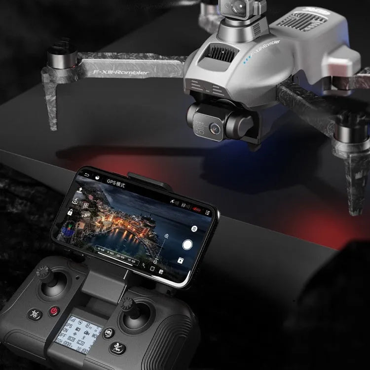 White folding quadcopter drone with 4K camera and obstacle avoidance sensors on a grassy field.