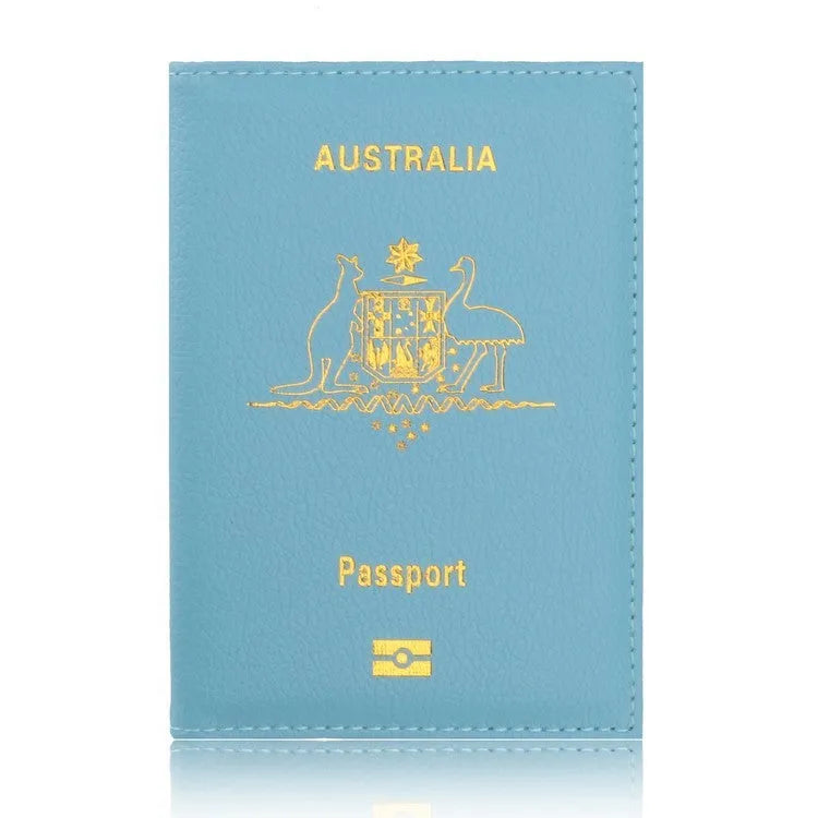 Light blue PU leather card bag with passport and card slots, solid colour European style