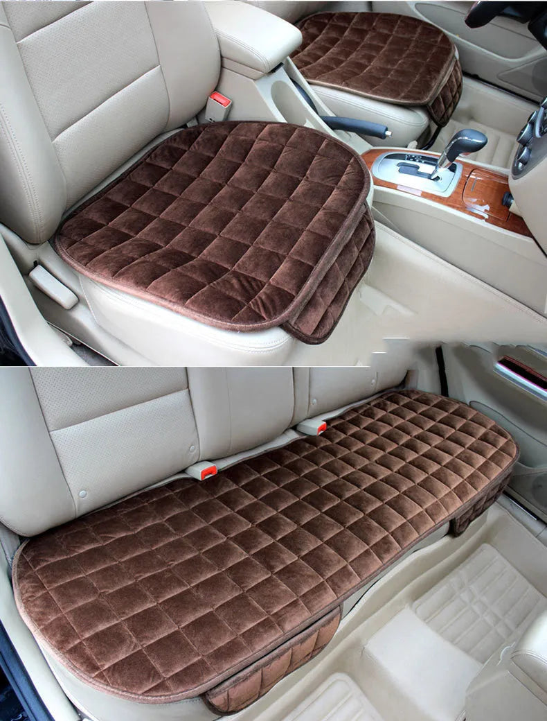 Checkered embroidered plush non-slip car seat cushion in beige with cotton fabric, three-piece set