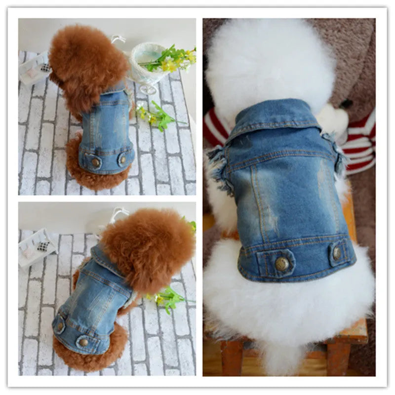 Denim dog vest with retro scratch pattern in blue wash for small to medium breeds