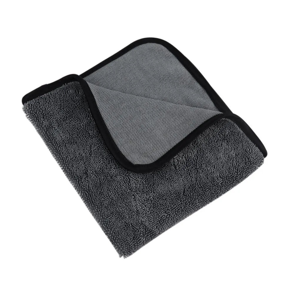 Grey 40x40cm square microfiber car wash and drying towel laid flat.