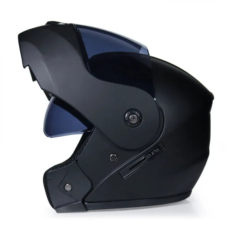Motorcycle winter double-lens uncovered helmet made from ABS in a side view showing the multi-style finish