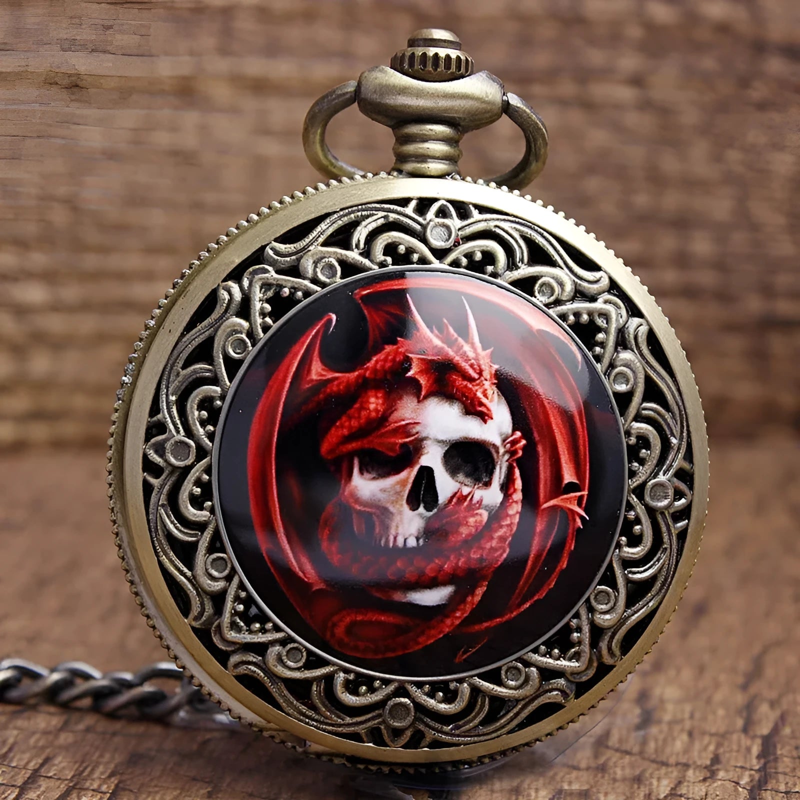 Classical retro ceramic pocket watch in bronze skull finish on a 37.5cm chain