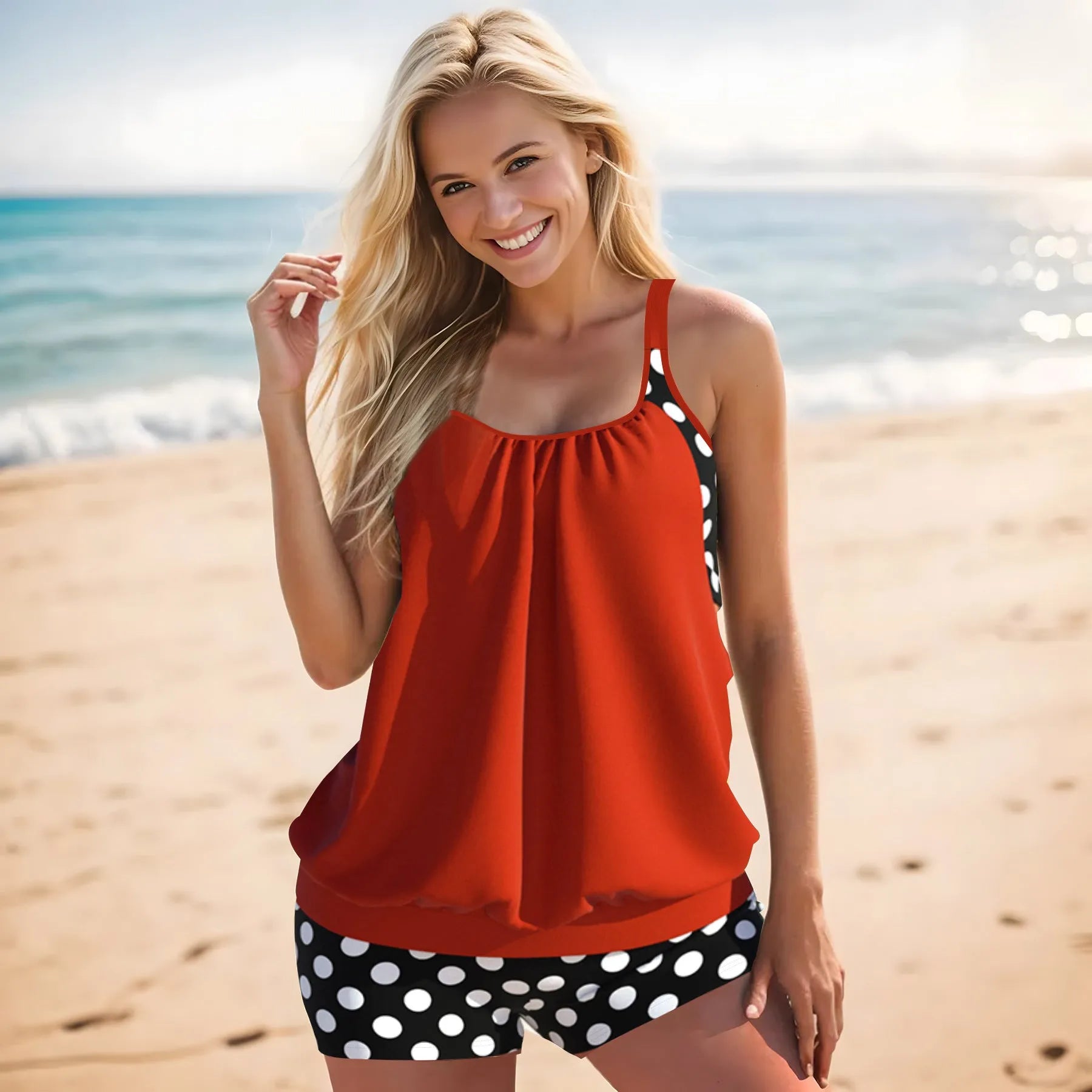 Women's polka dot print high-waisted boxer swimsuit briefs for swimming and running.