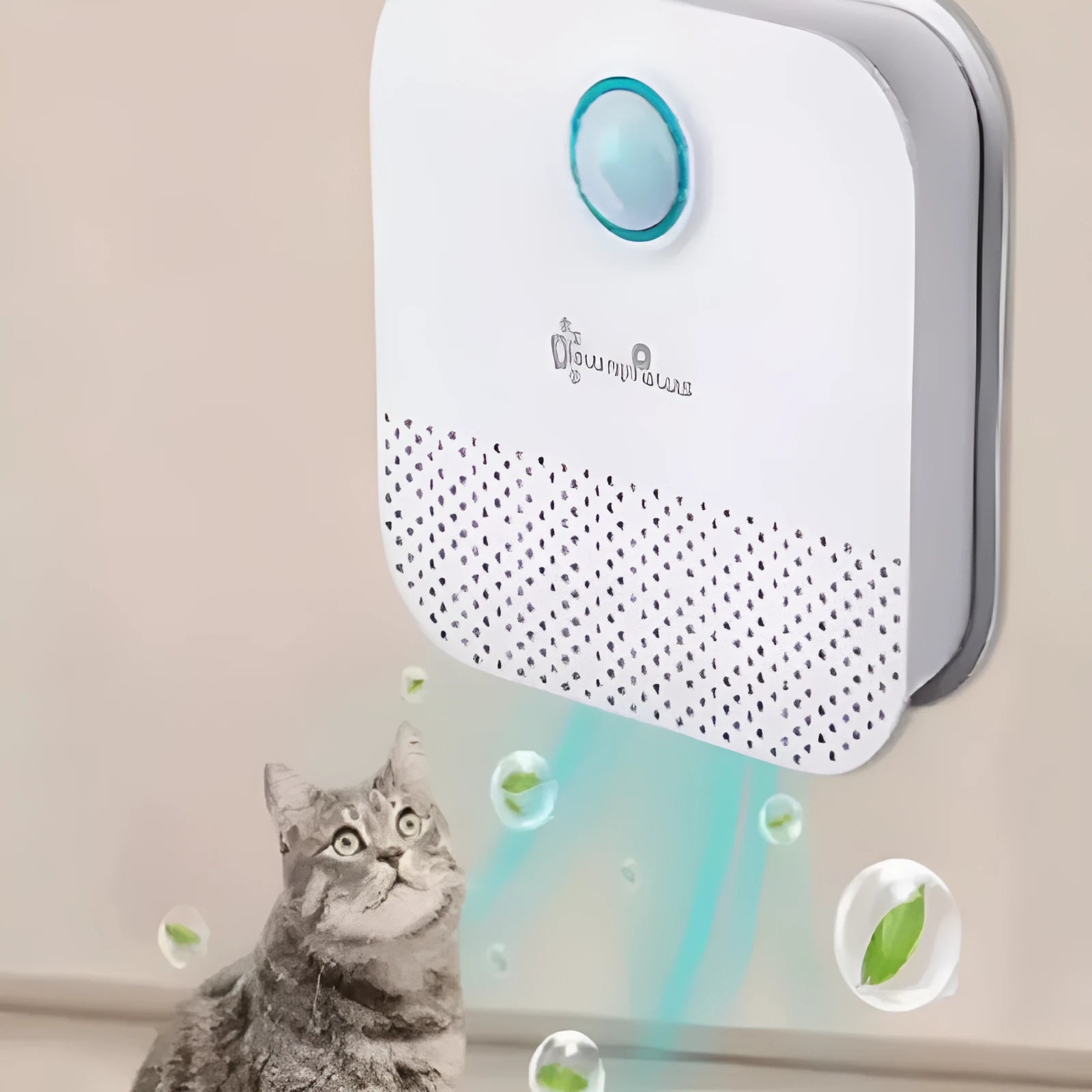 White DownyPaws smart cat litter odor purifier with USB cable, showing compact 9.2cm by 9.2cm dimensions.
