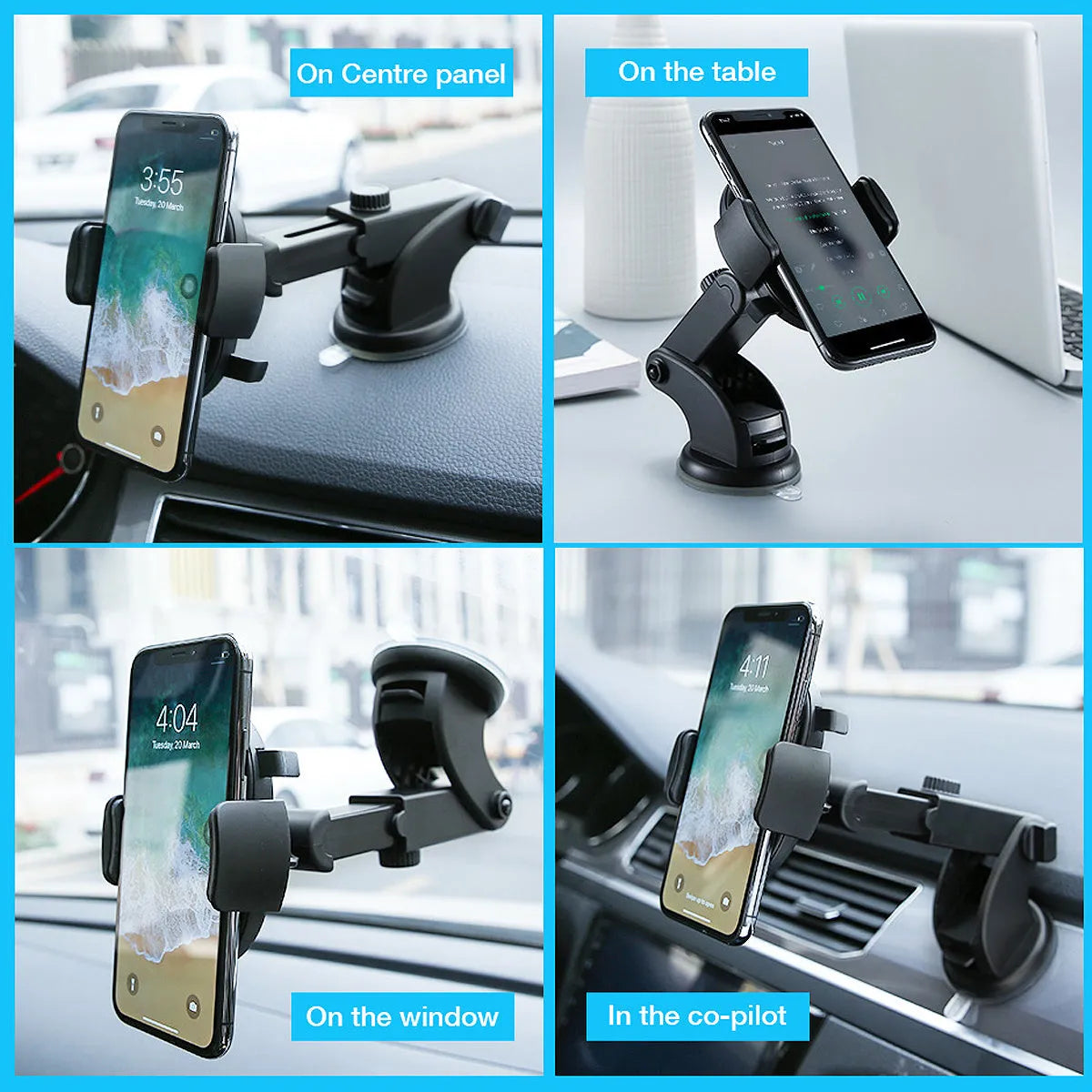 Yellow and black car phone holder with telescopic arm and suction cup mount on a dashboard