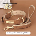 Double-layer leather dog collar and matching leash in blue, brown, or rose red with mohair lining.