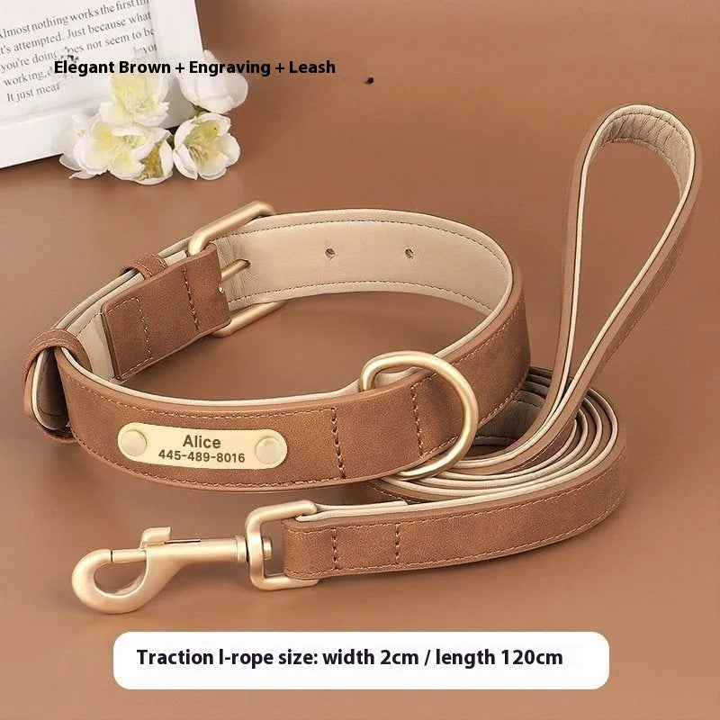 Double-layer leather dog collar and matching leash in blue, brown, or rose red with mohair lining.