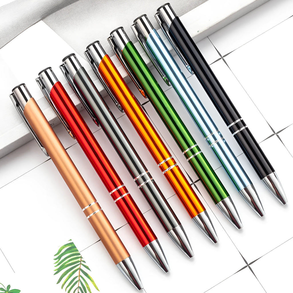 Metal ballpoint pen with press action, slim aluminium rod body, 1.0mm bullet nib, available in 13 ink colours on white background