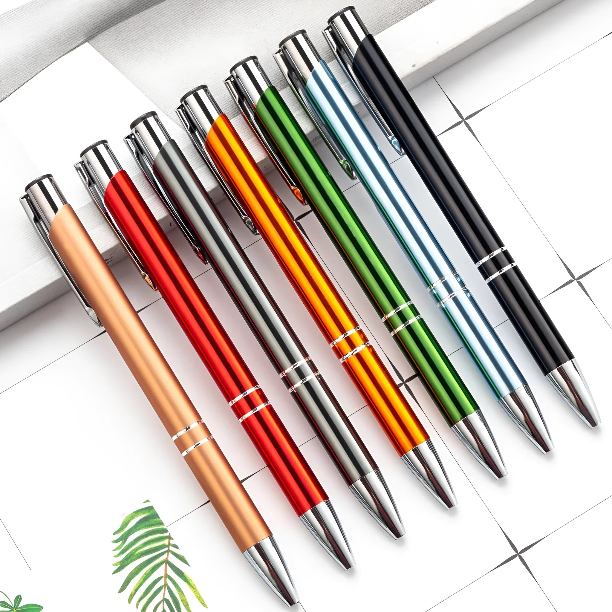 Metal ballpoint pen with press action, slim aluminium rod body, 1.0mm bullet nib, available in 13 ink colours on white background