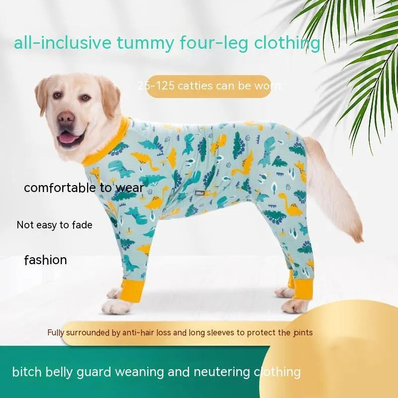 Cotton all-inclusive belly dog coat with dinosaur print on a small dog
