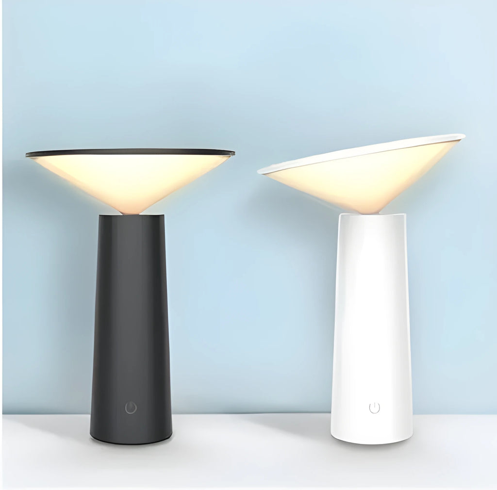 Black or white USB rechargeable table lamp with touch sensor and adjustable LED head.
