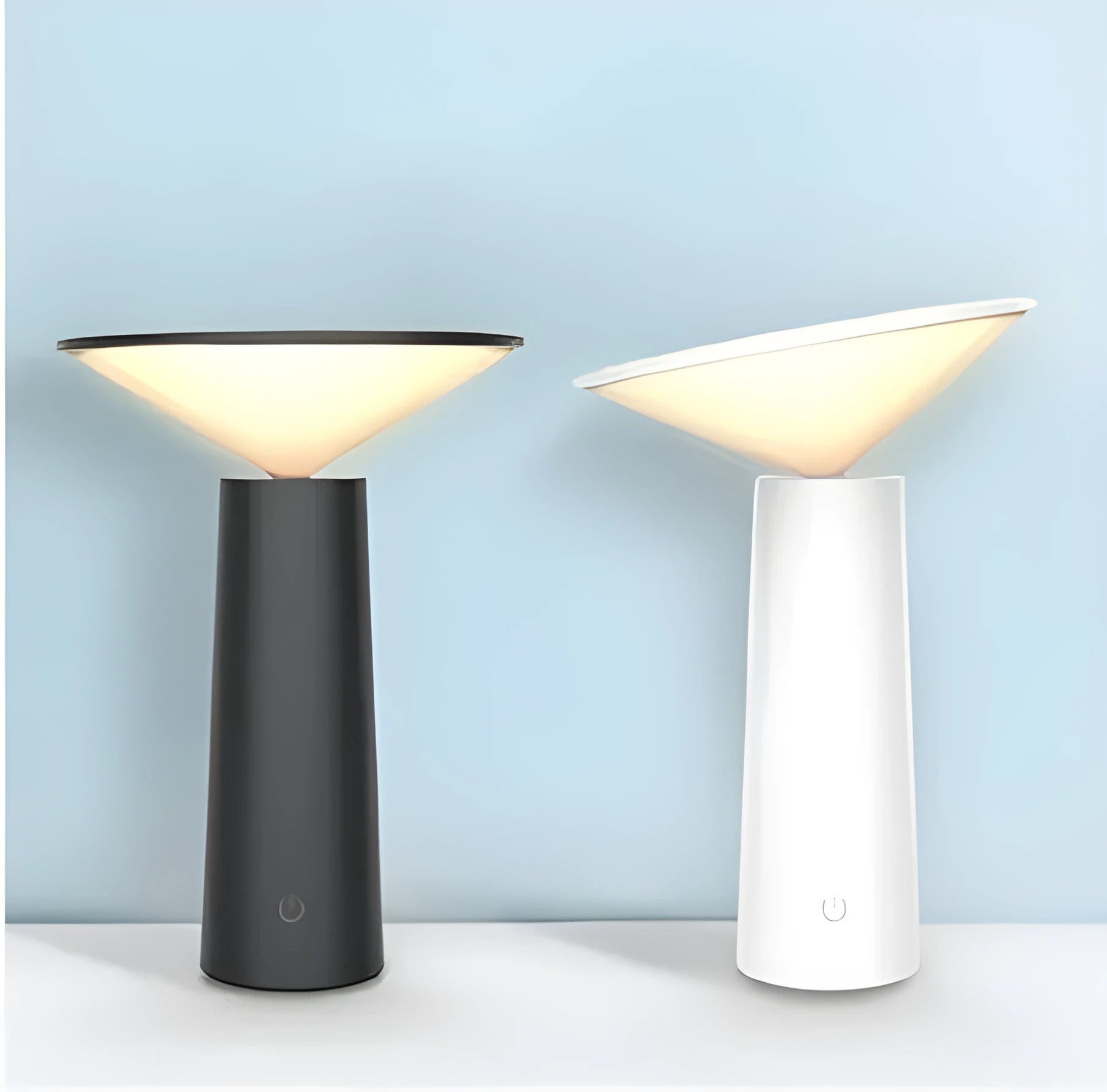 Black or white USB rechargeable table lamp with touch sensor and adjustable LED head.