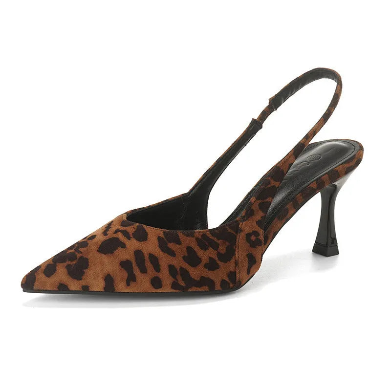 Satin leopard print high heel sandals with closed pointed toe and slingback strap