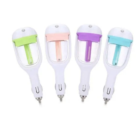 Portable car humidifier with rotating nozzle in blue, green, pink, or purple colours