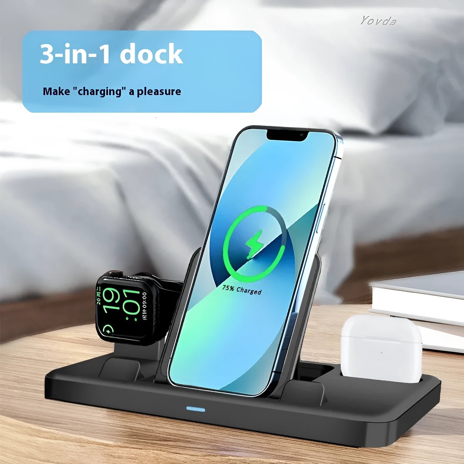 Black ABS plastic three-in-one charging base holding a mobile phone and tablet with cable attached