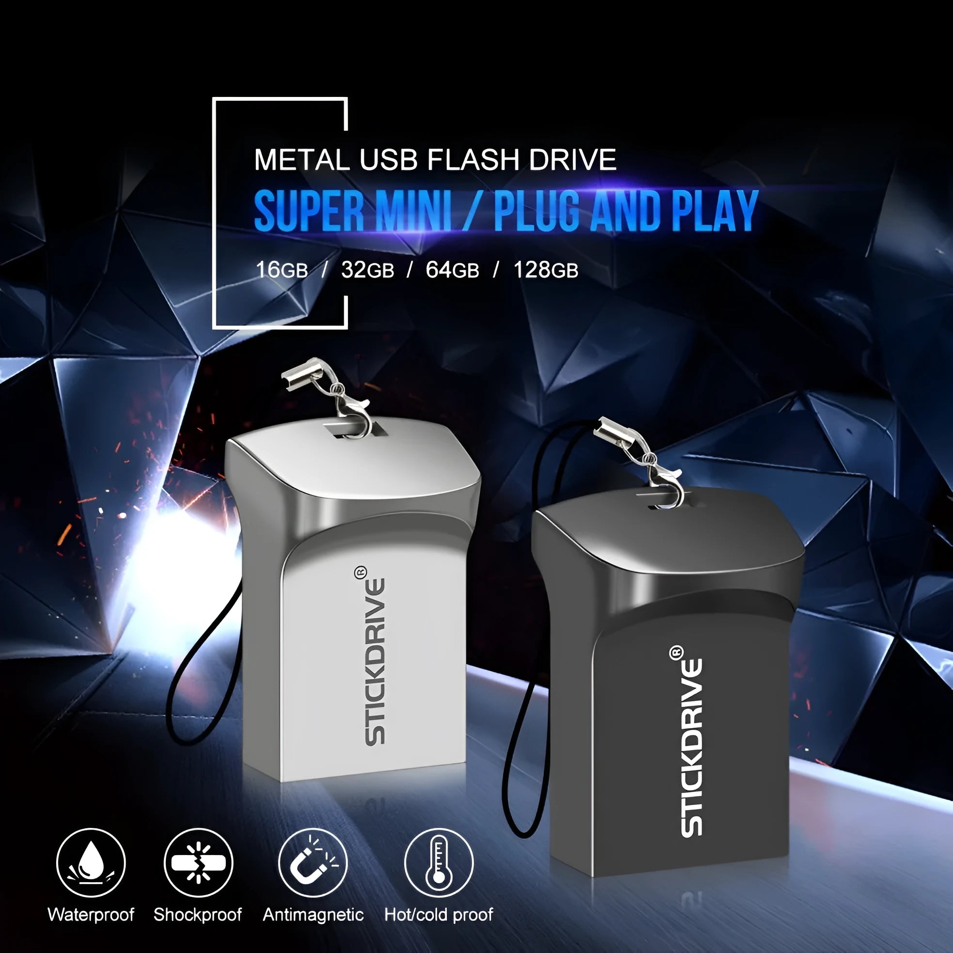 Metal USB flash drive on a keyring with options for necklace chain, shown in black and silver finishes.