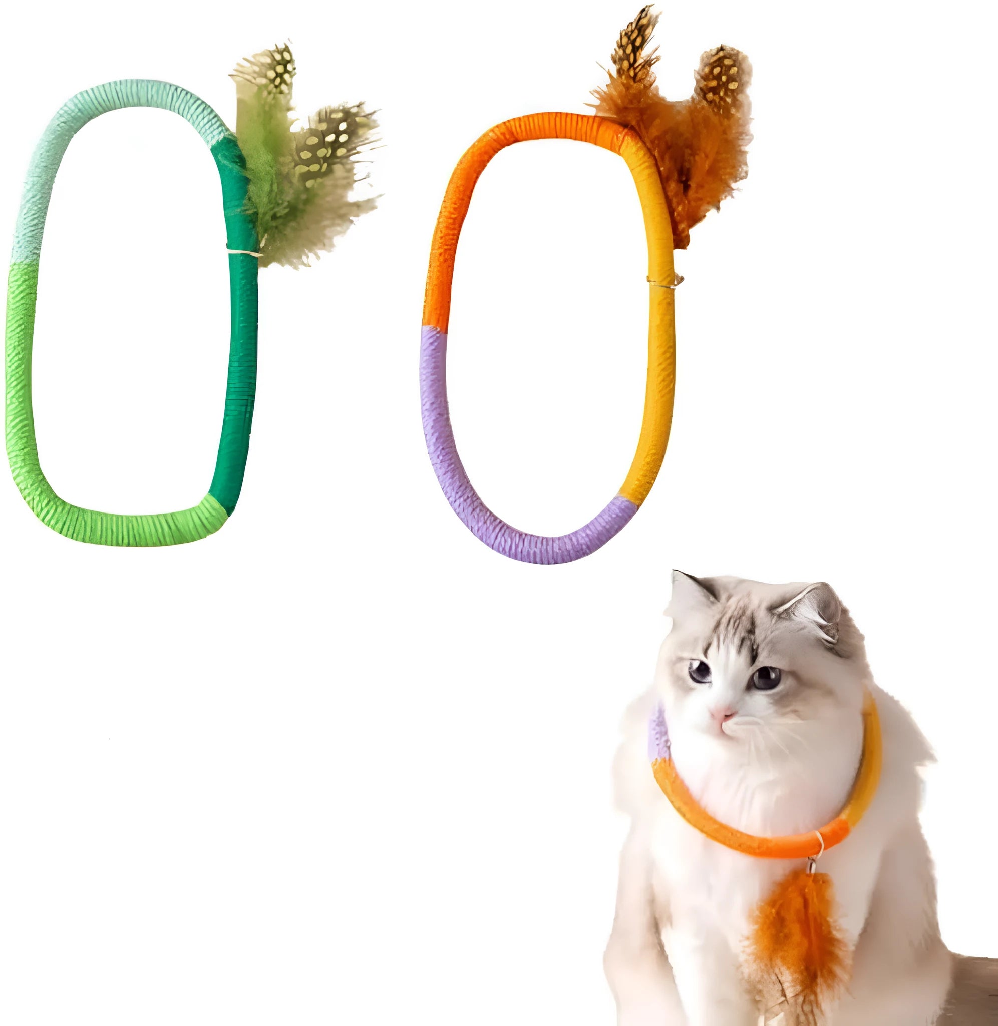 Green circular cotton rope cat toy with feathers and catnip for interactive play and dental cleaning
