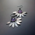 Purple Bohemian style drop earrings with resin gemstone accents and animal zodiac design on alloy framework