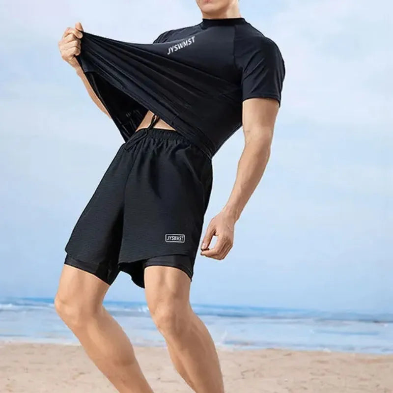 Men's polyester swim trunks and top set in plus sizes with patterned design