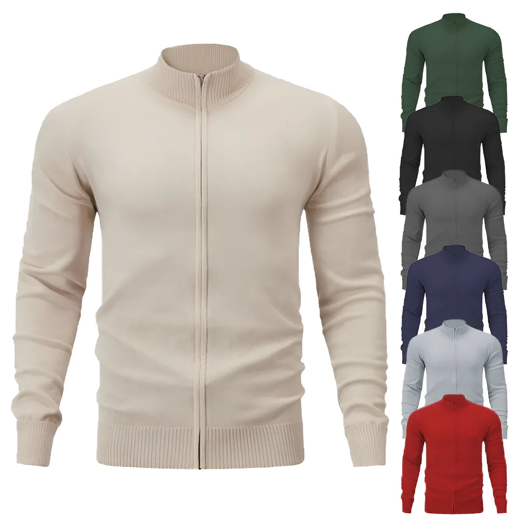 Casual stand collar zip-up sports sweater in a solid colour, shown on a model.