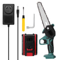Black one-hand mini electric chainsaw with 4-inch guide, shown on a wooden surface.