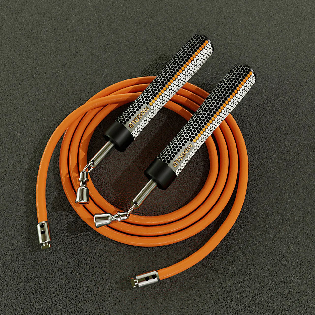 Black PVC-coated steel wire skipping rope 3 metre length on dark surface