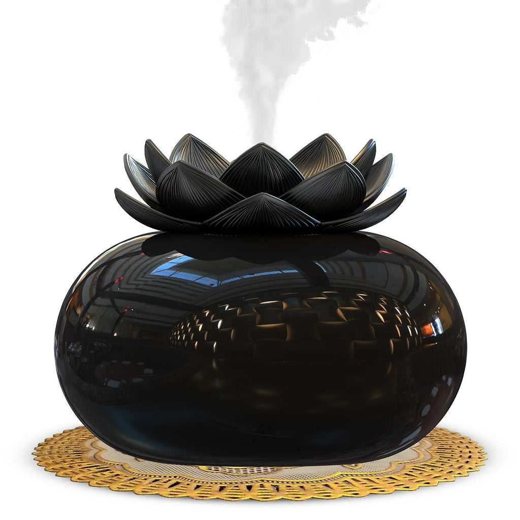 Pure black round Lotus aromatherapy humidifier with USB port and ceramic finish.