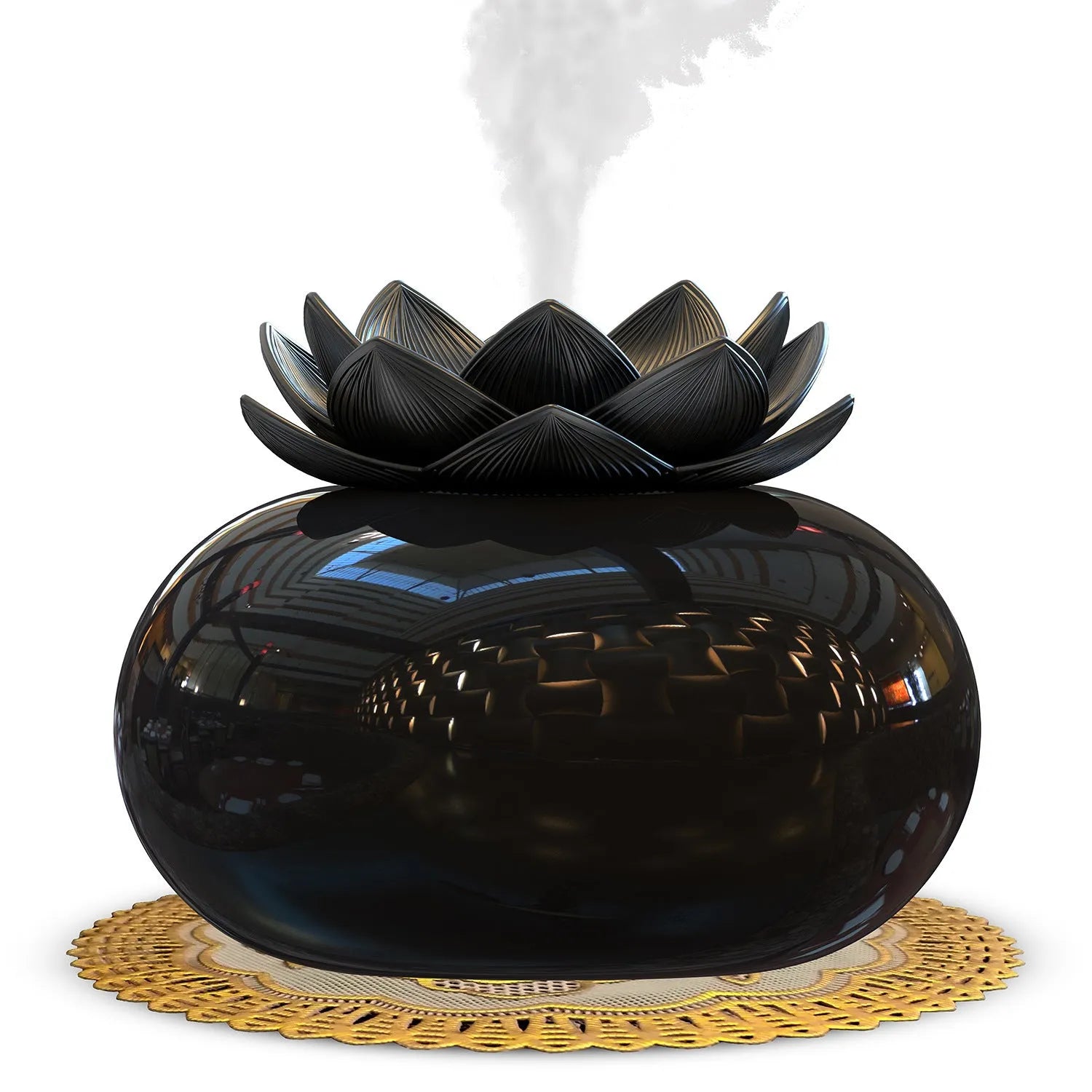 Pure black round Lotus aromatherapy humidifier with USB port and ceramic finish.